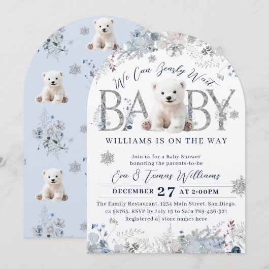 我々は冬のクマの男の赤ちゃんシャワーを待つことができる 招待状 (正面/裏面)