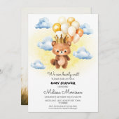 我々は初めて待つことができるクマのキューブと風船の水色 招待状 (正面/裏面)