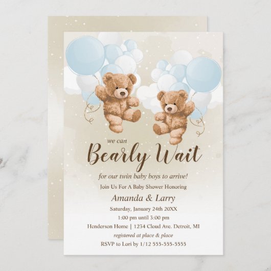 我々は双子の少年の赤ちゃんシャワーを待つことができる 招待状 (正面/裏面)