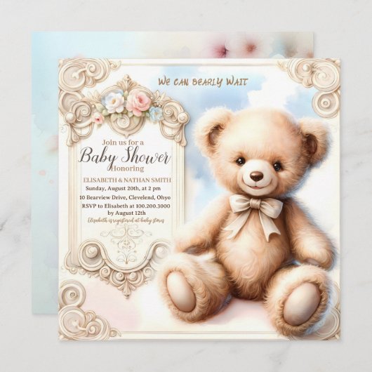 我々は可愛いテディベア赤ちゃんシャワーPos待つことができる 招待状 (正面/裏面)