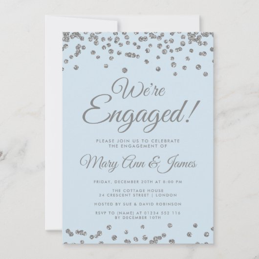 我々は婚約した!シルバーグリッター紙吹雪アイスブルー 招待状 (正面)
