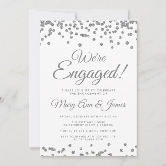 我々は婚約した!シルバーグリッター紙吹雪 招待状 (正面)