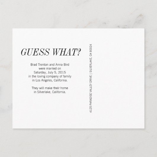 我々は引っ掛かっている | 写真モダンの結婚発表 案内ポストカード (裏面)