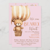 我々は待つことができるクマのピンクの女の子の赤ちゃんシャワー 招待状 (正面/裏面)