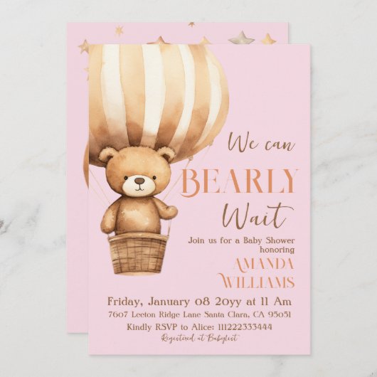 我々は待つことができるクマのピンクの女の子の赤ちゃんシャワー 招待状 (正面/裏面)