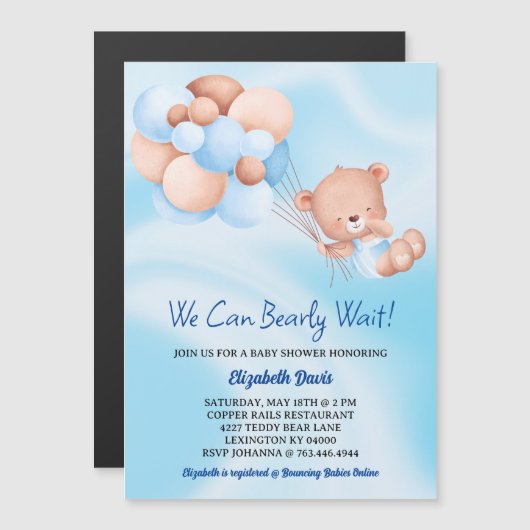 我々は心から待つことができるブルーベージュボーイベイビーシャワー マグネット招待状 (正面/裏面)