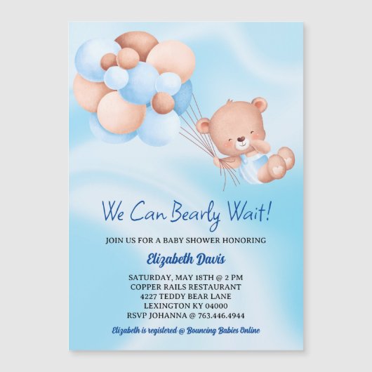 我々は心から待つことができるブルーベージュボーイベイビーシャワー マグネット招待状 (正面)