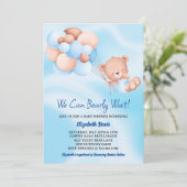 我々は心から待つことができるブルーベージュボーイベイビーシャワー 招待状 (スタンド正面)