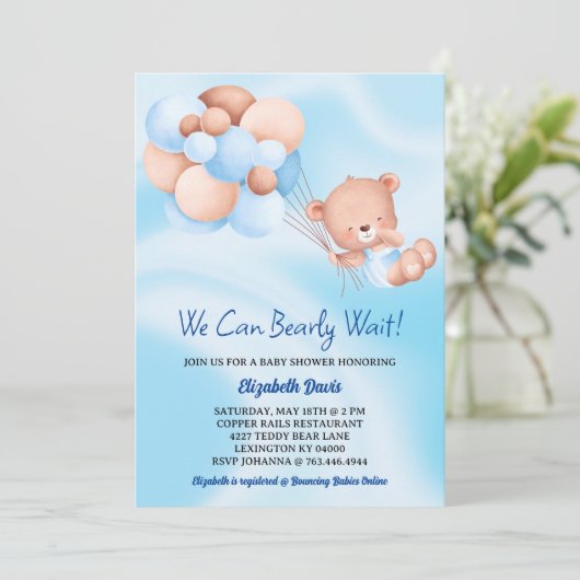 我々は心から待つことができるブルーベージュボーイベイビーシャワー 招待状 (スタンド正面)