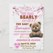 我々は心から待つことができる |ピンクテディベア赤ちゃんシャワー 招待状 (正面)