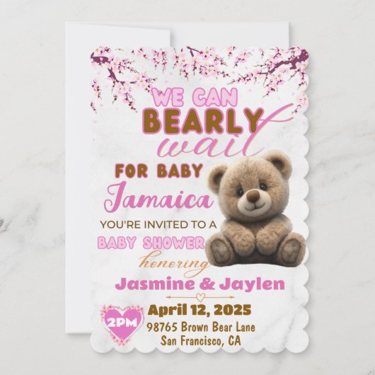 我々は心から待つことができる |ピンクテディベア赤ちゃんシャワー 招待状 (正面)