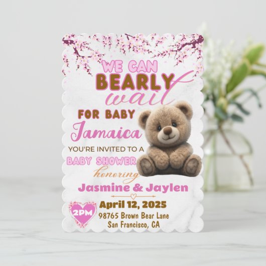 我々は心から待つことができる |ピンクテディベア赤ちゃんシャワー 招待状 (スタンド正面)