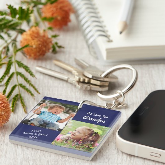 我々は愛のおじいちゃんパーソナライズされた写真ブルーキー キーホルダー (正面右)