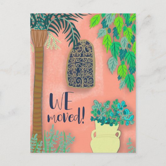 我々は新しいホームピンクガーデンエキゾチックなパーム移動 ポストカード (正面)