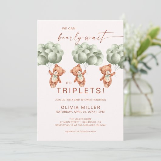 我々は早くセージ緑の三つ子のベビーシャワーを待つことができる 招待状 (スタンド正面)