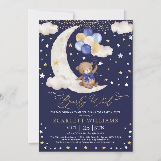 我々は早期にネイビー金ゴールドベア男の赤ちゃんシャワーを待つ 招待状 (正面)