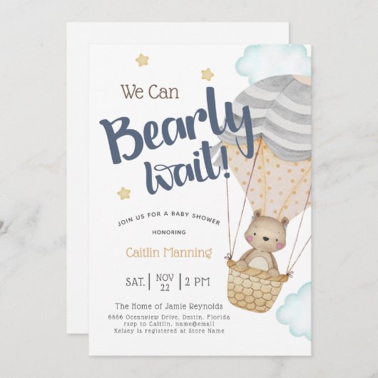 我々は明らかにニュートラルテディベア赤ちゃんシャワーを待つことができる 招待状 (正面/裏面)