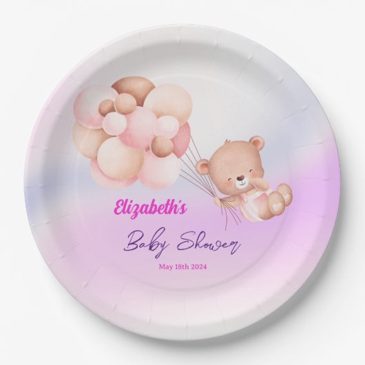 我々は明らかにピンク紫の女の子の赤ちゃんシャワーを待つことができる ペーパープレート (正面)