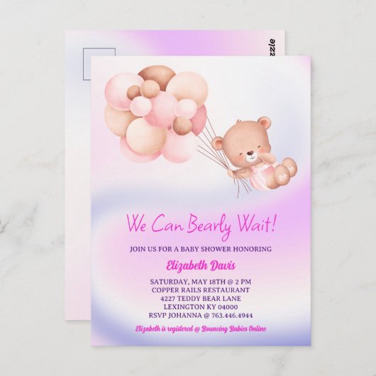 我々は明らかにピンク紫の女の子の赤ちゃんシャワーを待つことができる ポストカード (正面/裏面)