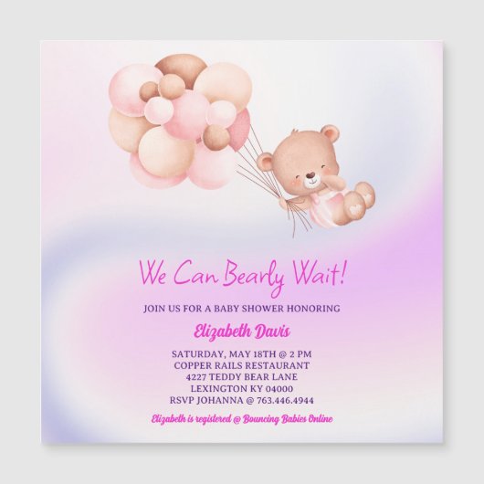 我々は明らかにピンク紫の女の子の赤ちゃんシャワーを待つことができる マグネット招待状 (正面)