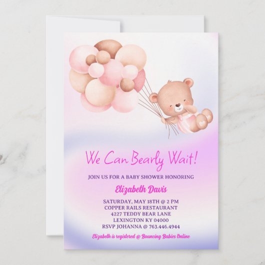 我々は明らかにピンク紫の女の子の赤ちゃんシャワーを待つことができる 招待状 (正面)