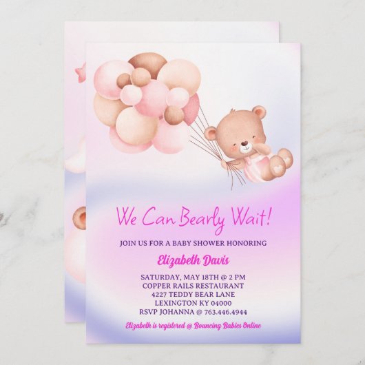 我々は明らかにピンク紫の女の子の赤ちゃんシャワーを待つことができる 招待状 (正面/裏面)