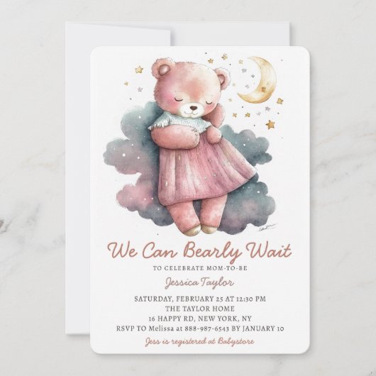 我々は明らかに寝るクマの女の子の赤ちゃんシャワー待つことができる 招待状 (正面)