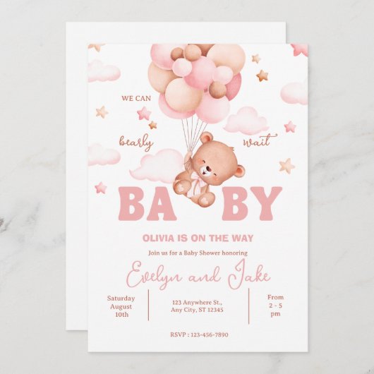 我々は明らかに待つことができますピンクのテディベア赤ちゃんシャワー 招待状 (正面/裏面)