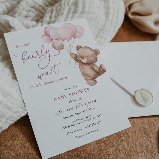 我々は明らかに待つことができますピンクのテディベア赤ちゃんシャワー 招待状