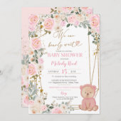 我々は明らかに待つことができますピンクのテディベア赤ちゃんシャワー 招待状 (正面/裏面)