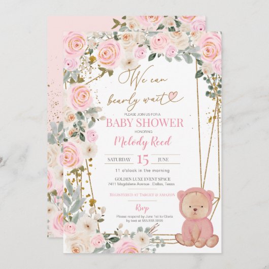 我々は明らかに待つことができますピンクのテディベア赤ちゃんシャワー 招待状 (正面/裏面)