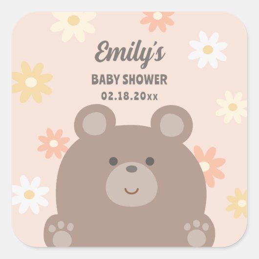 我々は明らかに待つことができますピンクのデイジー女の子の赤ちゃんシャワー スクエアシール (正面)