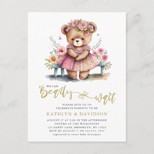 我々は明らかに待つことができますピンクのフローラ女の子の赤ちゃんシャワー インビテーションポストカード (正面)