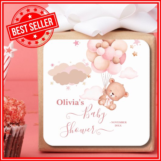 我々は明らかに待つことができますピンクのPoohクマ赤ちゃんシャワー スクエアシール