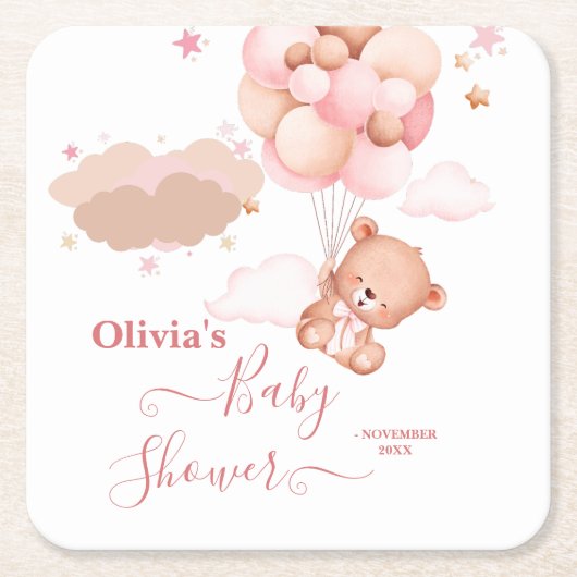 我々は明らかに待つことができますピンクのPoohクマ赤ちゃんシャワー スクエアペーパーコースター (正面)