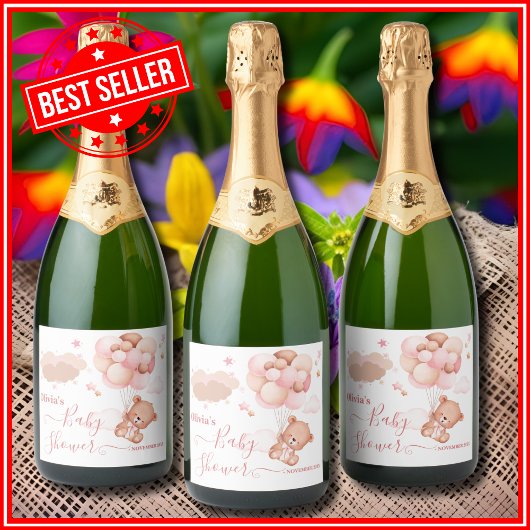 我々は明らかに待つことができますピンクのPoohクマ赤ちゃんシャワー スパークリングワインラベル