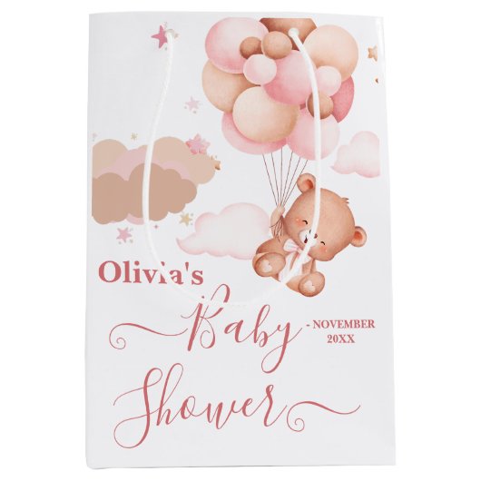 我々は明らかに待つことができますピンクのPoohクマ赤ちゃんシャワー ミディアムペーパーバッグ (正面)