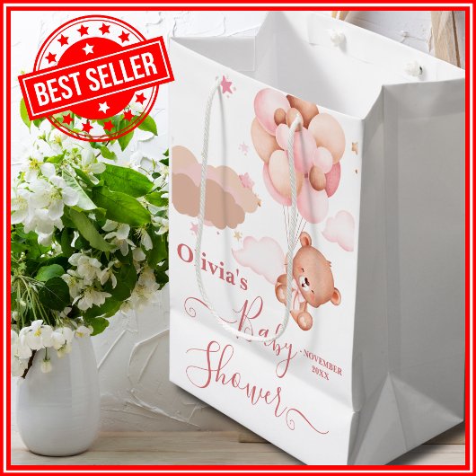 我々は明らかに待つことができますピンクのPoohクマ赤ちゃんシャワー ミディアムペーパーバッグ