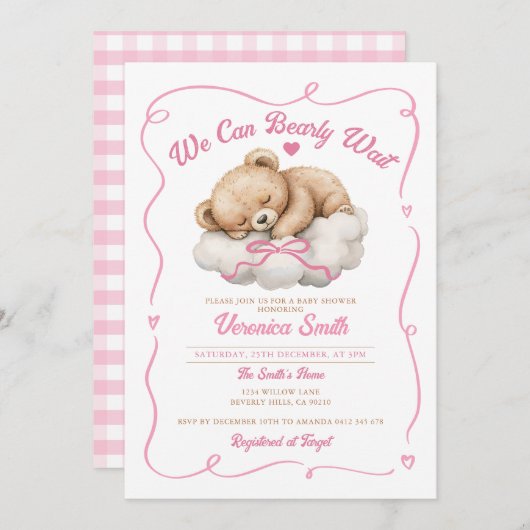 我々は明らかに待つことができますピンクボウベアーガールベイビーシャワー 招待状 (正面/裏面)