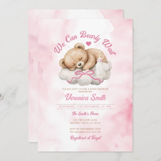 我々は明らかに待つことができますピンクボウベアーガールベイビーシャワー 招待状 (正面/裏面)