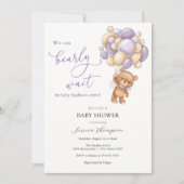 我々は明らかに待つことができます紫テディベア赤ちゃんシャワー 招待状 (正面)