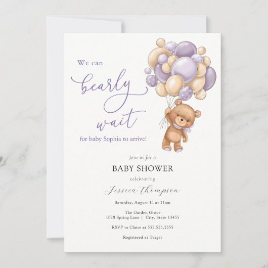 我々は明らかに待つことができます紫テディベア赤ちゃんシャワー 招待状 (正面)