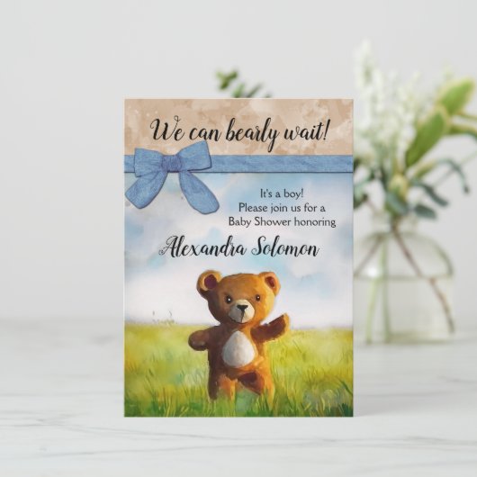 我々は明らかに待つことができる水色の少年の赤ちゃんシャワー 招待状 (スタンド正面)