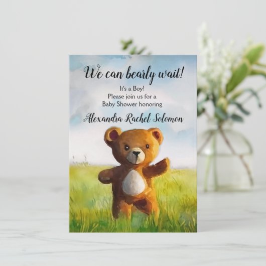 我々は明らかに待つことができる水色の少年の赤ちゃんシャワー 招待状 (スタンド正面)