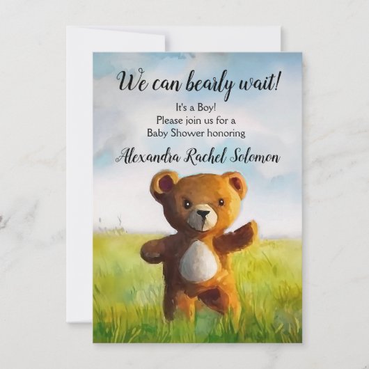 我々は明らかに待つことができる水色の少年の赤ちゃんシャワー 招待状 (正面)