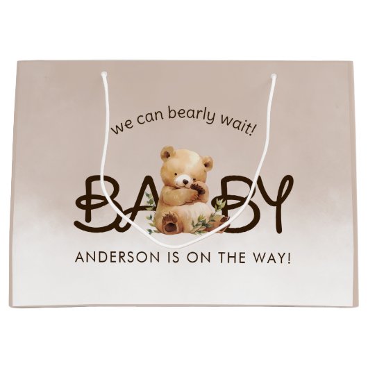 我々は明らかに待つことができる水色の赤ちゃんシャワー ラージペーパーバッグ (正面)