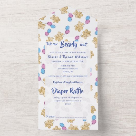 我々は明らかに待つことができる水色ベビーシャワー招待状 オールインワン招待状 (内側)