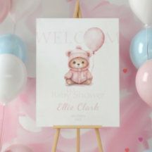 我々は明らかに待つピンクのクマの女の子の赤ちゃんシャワー