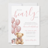 我々は明らかに待つ女の子ピンクのクマ赤ちゃんシャワー 招待状 (正面)