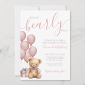 我々は明らかに待つ女の子ピンクのクマ赤ちゃんシャワー 招待状 (正面)